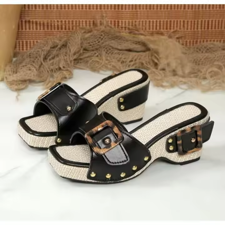 Sandalias de verano para mujer de talla grande, con tacón grueso, hebilla de metal, una tira, para playa. - 1
