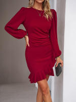 Vestido corto elegante para mujer, prenda informal con volantes, manga abullonada, color negro, sencillo e Irregular, novedad de otoño, 2023 - details 7