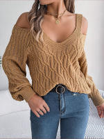 Jersey con cuello en V para mujer, manga farol, Color sólido, torceduras de masa frita, suéter informal suelto, Tops de moda, otoño e invierno, 2023 - details 15