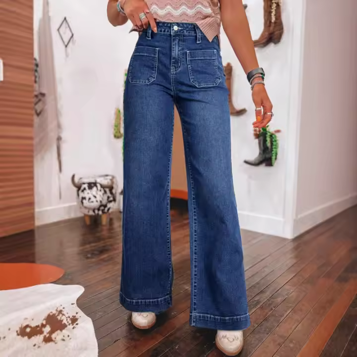 Jeans de Denim de Cintura Alta para Mujer Pantalones Grandes y Rectos con Bolsillos Casuales - 1