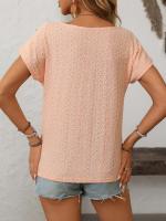 Camiseta de manga corta con botones y cuello redondo para mujer, Top hueco, Color sólido, novedad de primavera y verano 2025 - details 4