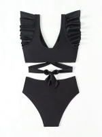 Bikini de cintura alta para mujer, traje de baño con volantes y cordones, conjunto de Bikini Sexy con Tanga, ropa de playa de verano - details 4