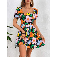 Vestido corto con manga farol y falda para la playa estampada con cuello en V novedad de verano 2025 para mujer - details 3