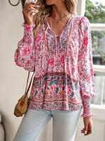 Camisa y blusa Floral rosa para mujer, Top suelto de manga larga, ropa de calle, atuendo de oficina, ropa femenina para mujer, otoño y primavera - details 2