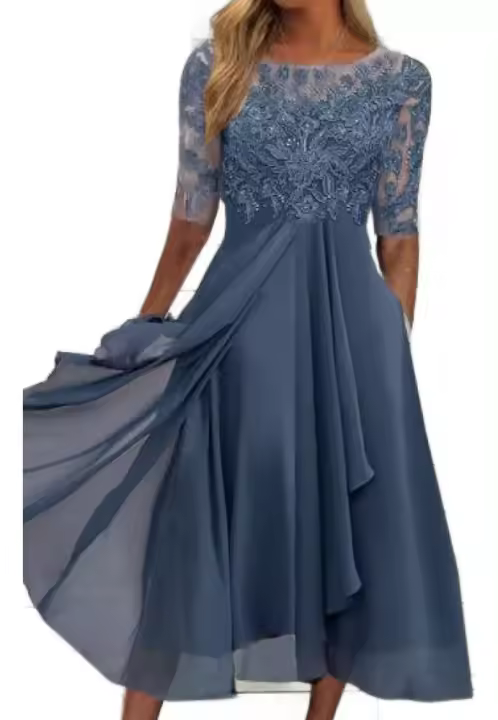 Vestido Midi de Noche para Dama, Recorte de Encaje, Gasa - 1