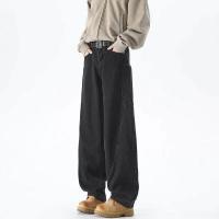 Nueva ropa de calle suelta doblada cuchillo Jeans hombres estilo coreano moda recta ancho dejar pantalones de las mujeres de los hombres negro azul pantalones de mezclilla - details 4
