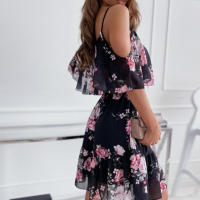Vestido corto con volantes y tirantes finos para mujer, minivestido de manga corta con hombros descubiertos para playa - details 6
