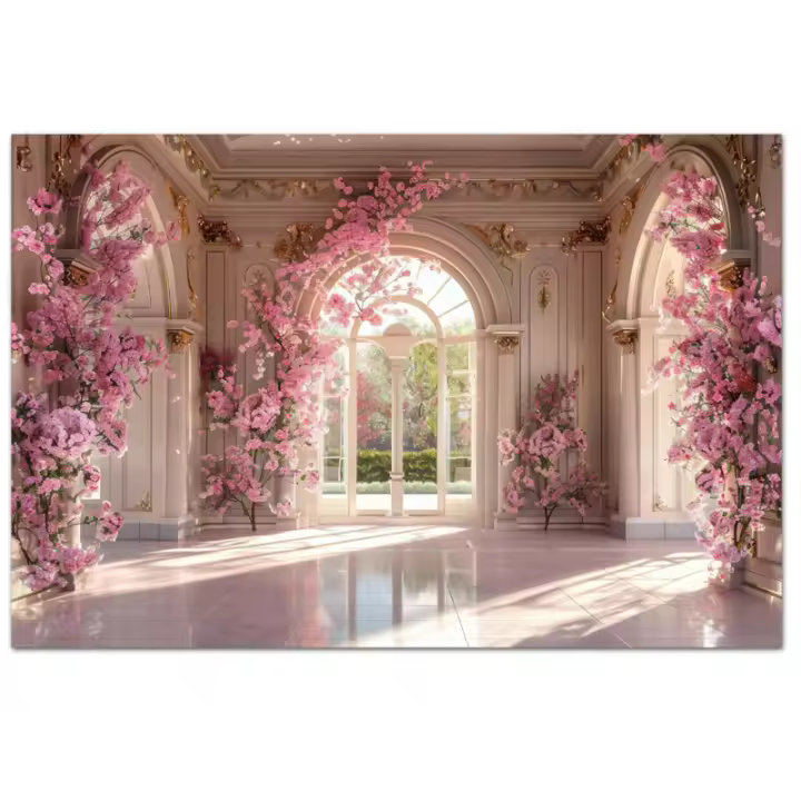 Papel Tapiz de Vinilo Moderno Personalizable Arco con Diseño de Flores Rosadas - 1