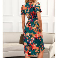 Women short sleeve multi color print tie v neck irregular midi slim party dress - details 3