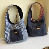 Bolso de tela de doble cara a cuadros, chaleco vaquero, estilo coreano, bolso de hombro vaquero Retro, bolso de mano de gran capacidad, bandolera Bohemia - details 12