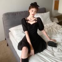 Vestido negro adelgazante con manga acampanada, vestido corto ceñido con un hombro y cintura, para ir al trabajo, temporada de verano, manga corta, Color puro - details 7