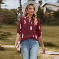 Camisa con estampado de plumas de tres cuartos y manga e para mujer, cuello en V, otoño, nueva - details 22