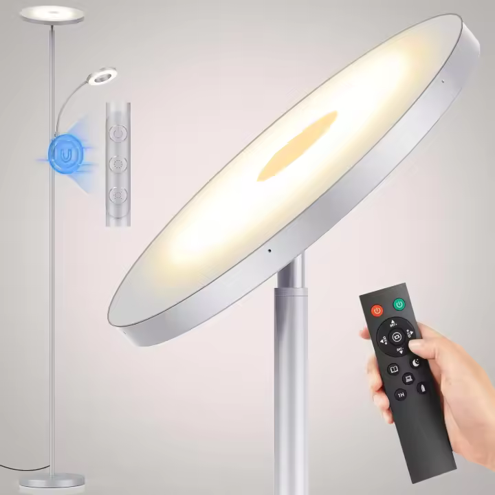 Lámpara de Pie Regulable Gris 42W, Lámpara de Pie LED Salon 3700LM Súper Brillantecon Lámpara de Lectura, control remoto y control táctil Lámpara Alta para Salon de Estar Dormitorio Oficina - 1
