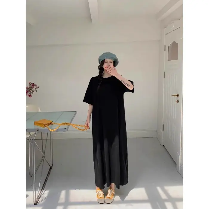 K-sle suelto fresco de talla grande Hong Kong Sle lindo patrón Slish longitud media largo dividido camiseta vestido de moda - 1