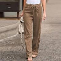 Pantalones de mujer Pantalones casuales con cordones de algodón y lino Pantalones de pierna con banda elástica Pantalones rectos de mujer - details 10