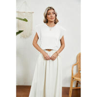 BUNO-2025 Tops para mujer, pantalón corto informal de moda de verano, camisetas básicas con textura a rayas de Color sólido y cuello redondo - details 53
