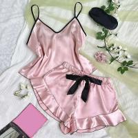 Pijama de satén liso para mujer, camiseta con cuello en V, pantalones cortos con lazo con volantes, conjunto de pijama sencillo y transpirable - details 4
