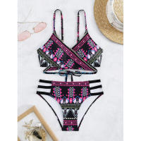Traje de baño de dos piezas con lazo cruzado frontal para mujer, traje de baño de bikini sexy estampado de estilo étnico - details 34