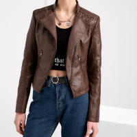 Chaqueta de Mujer de Cuero Sintético Estilo Varsity Moto Biker Bomber Ligera Casual Outerwear Short Coats con Cierre de Cremallera y Forro de Poliéster Adecuada para Otoño e Invierno - details 24