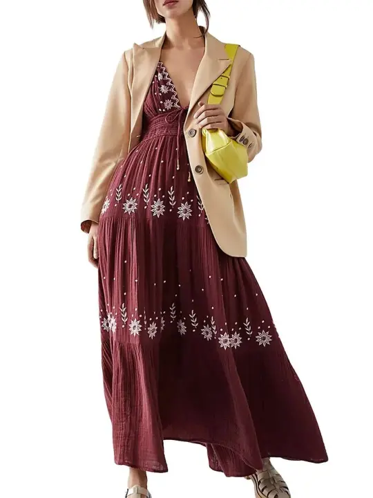 Vestido largo informal de verano para mujer, con bordado, cuello Halter, sin mangas, a la moda, sin espalda, A-e - 1