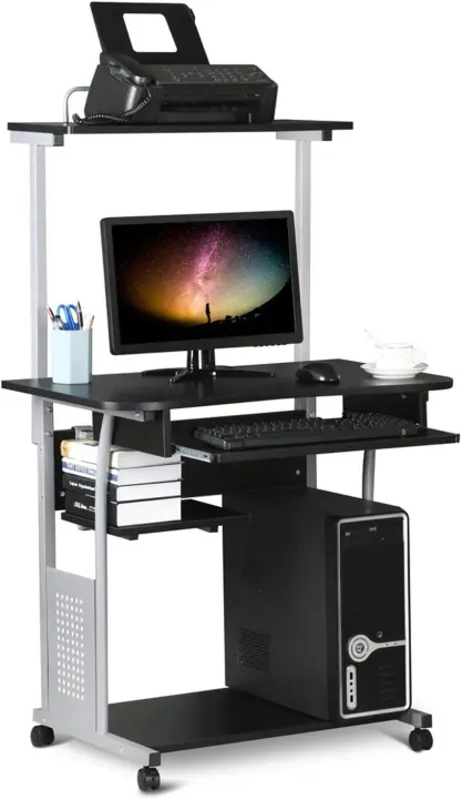 Mesa Escritorio con Ruedas Escritorio con Estanteria 80x50x132cm Mesa de Ordenador con Bandeja de Teclado para Espacio Límite Negro - 1
