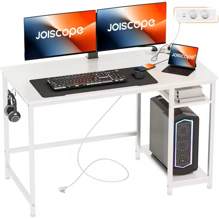 Escritorio Ordenador con Puerto de Carga USB y Tipo-C y 2 Tomas de Corriente,Escritorio de Estudio y Juego que Ahorra Espacio con Gancho y Estante de Almacenamiento de 2 Niveles,120x75cm,Blanco - 1
