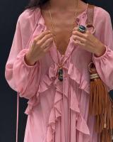 Vestidos elegantes lisos de encaje con múltiples unces, vestidos elegantes holgados con cuello de pico, batas de manga larga para mujer nueva, vestido de vacaciones para ir al trabajo de verano 2025 - details 0
