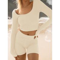 BUNO-Conjunto de ropa de estar por casa para mujer, tops ajustados de manga larga y pantalones cortos de motorista, 2 piezas, verano, 2025 - details 29