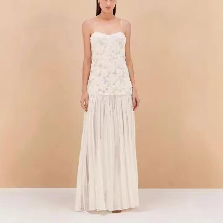 Elegante blanco 3 perchas, falda larga de gasa con pliegues femeninos - 1