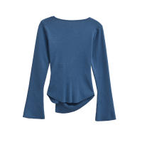 Suéter fruncido asimétrico de manga larga para mujer, Top de punto con botón frontal, prendas de punto elegantes a la moda, azul y marrón, otoño - details 4