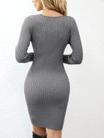 Vestido de punto con botones para fiesta, cuello en V y manga larga con cintura de estilo retro - details 7