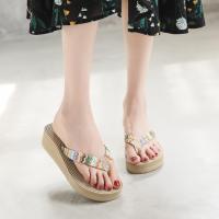 Chanclas tejidas de hierba PP tejidas de imitación de paja, sandalias de cuña de desgaste de moda de verano para mujer, pellizco de playa, zapatillas frescas de flores hechas a mano pegajosas - details 0