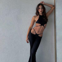 BUNO-Conjuntos de 2 piezas con tirantes huecos de gato extraño para mujer, Tops sexys lisos con cuello Halter y espalda descubierta + Pantalones acampanados con lentejuelas, trajes ajustados para fiesta - details 7