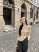 Jersey de otoño para mujer, Top Irregular con hombros descubiertos, suéter de punto negro de manga larga con base para mujer - details 0