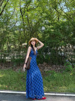 Vestido con tirantes de rejilla de diamantes y cuello en V de cintura alta versión coreana con cintura ceñida para mostrar las piernas, pajarita, chaleco de verano, largo - details 3