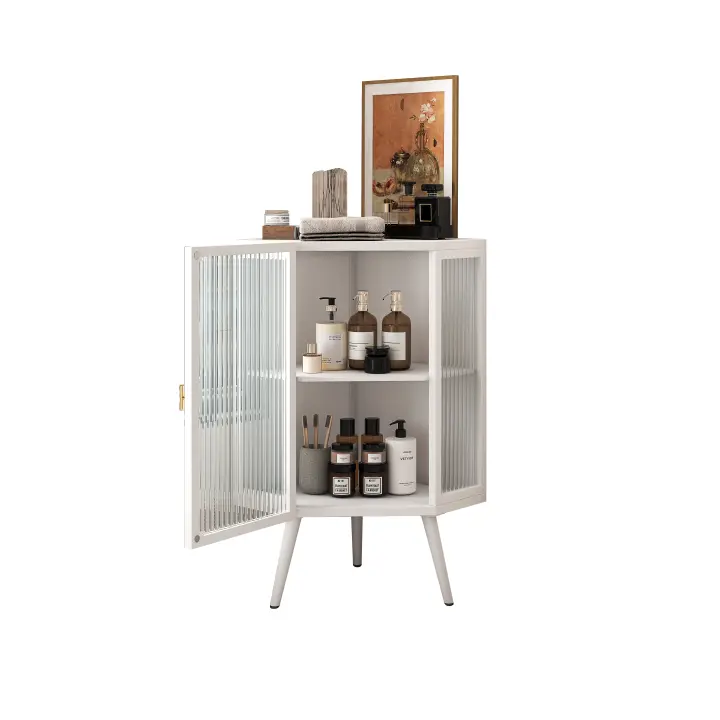 Mueble Coner de piso con puerta de vidrio templado y estante ajustable para baño, sala de estar, dormitorio (blanco) - 1
