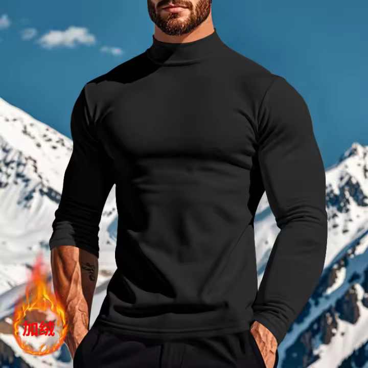 Camisa de manga larga para hombre, top ajustado con cuello alto, color sólido, terciopelo - 1