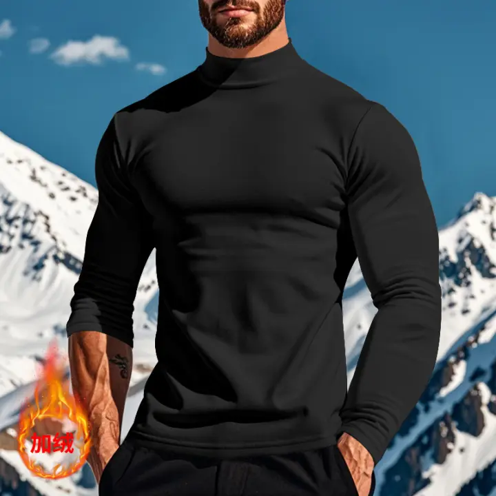 Camisa de manga larga para hombre, top ajustado con cuello alto, color sólido, terciopelo - 1