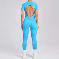 Ropa de Yoga de manga corta ajustada de Color sólido, pantalón largo Sexy con espalda descubierta, mono para entrenamiento de gimnasio, ropa deportiva de secado rápido de una pieza para Fitness - details 15