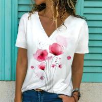 Camiseta de Manga Corta con Cuello en V Moda Blanca para Mujeres Estampado 3D de Lavanda - details 3