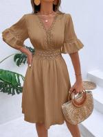 Vestido Blanco Puro de Verano Cintura de Encaje con Parche de Moda Cuello en V Manga Corta - details 23