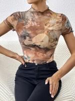 Nueva camiseta de manga corta elegante con estampado de malla, camisetas de manga corta con ribete de oreja de madera para mujeres - details 16