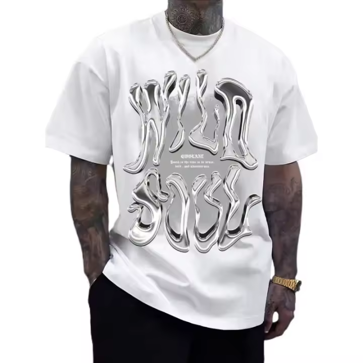 Camiseta Corta de Verano para Hombres Estilo Callejero Vintage Metálico con Patrón Gráfico Inglés Fluyente Algodón Exterior Ideal para Rapper y Salir de Casa - 1