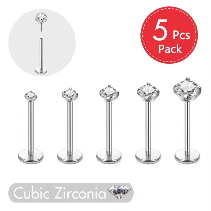 5 aretes, tachuelas, pasadores Labret Push in, joyería perforada con parte posterior plana sin rosca, para oreja, nariz y labio, con CZ de 1,5/2/2,5/3/4 mm - 1