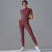 Hamidou-body de Yoga para mujer, ropa moldeadora deportiva de manga corta con cremallera, traje de gimnasio de una pieza, mono de nailon de Color sólido - details 29