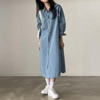 Vestido Denim Retro con Cuello Largo Elegante Estilo Coreano para Mujeres - details 23