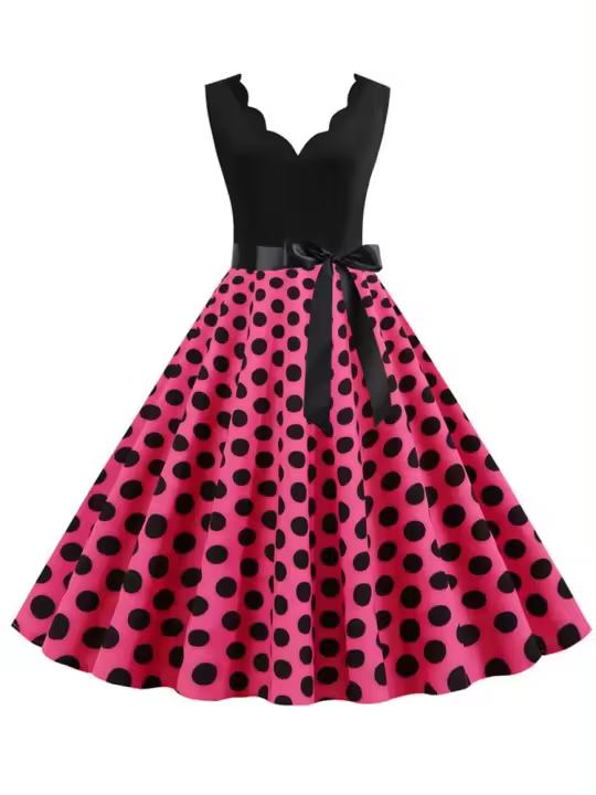 Vestido acampanado informal sin mangas para fiesta vintage elegante de verano con estampado de puntos para mujer - 1