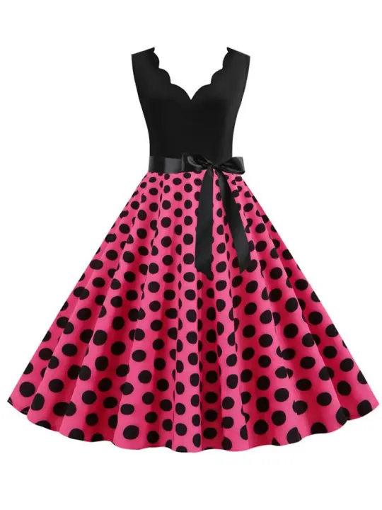 Vestido acampanado informal sin mangas para fiesta vintage elegante de verano con estampado de puntos para mujer - 1