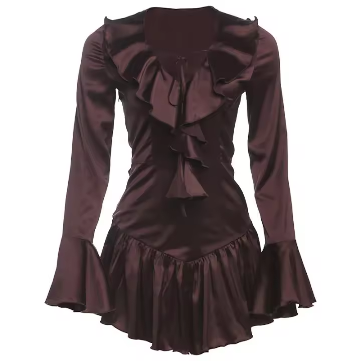 BUNO-Vestido Bandage de gato extraño para mujer, cuello en V, manga acampanada, volantes, dobladillo Irregular, frenillo, suave, ajustado, elegante, para vacaciones, Mini ceñido - 1