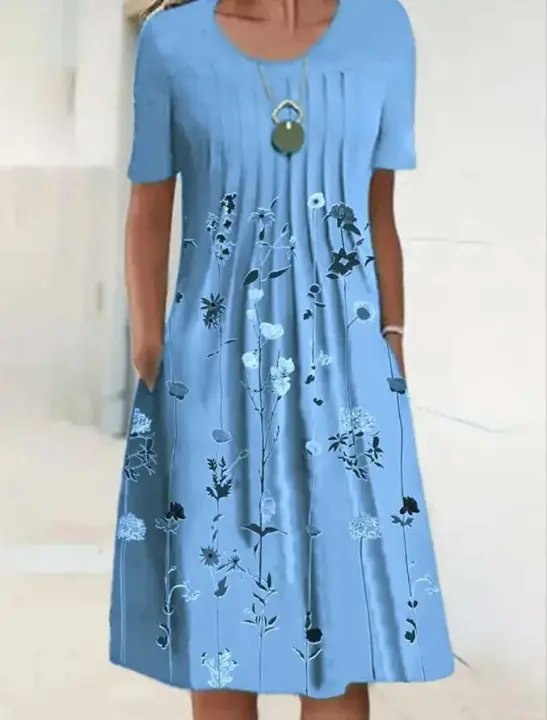 Moda de verano Boho ral estampado bolsillo Midi para mujer cuello redondo manga corta Casual vestido suelto ropa de mujer - 1